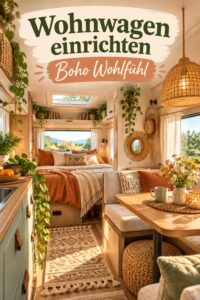 Intérieur d'un van aménagé dans un style boho chaleureux et accueillant