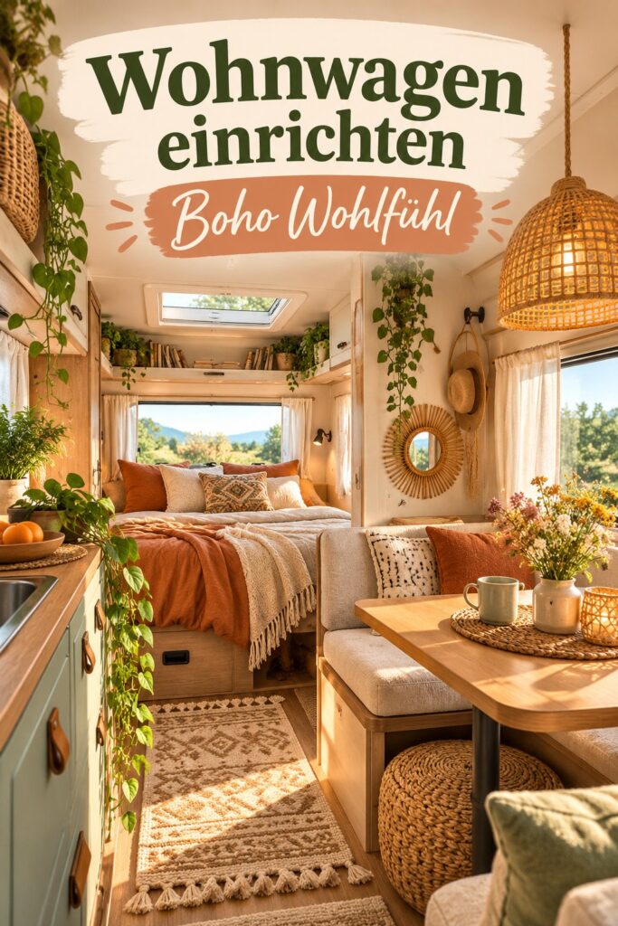 Intérieur d'un van aménagé dans un style boho chaleureux et accueillant