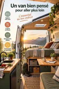 Aménagement intérieur d'un van avec des meubles fonctionnels et stylés