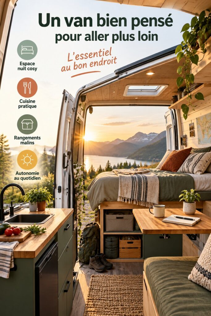 Aménagement intérieur d'un van avec des meubles fonctionnels et stylés