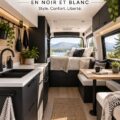 Intérieur moderne d'un van sprinter en noir et blanc avec un agencement élégant.