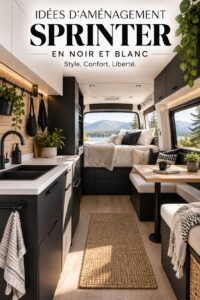 Intérieur moderne d'un van sprinter en noir et blanc avec un agencement élégant.