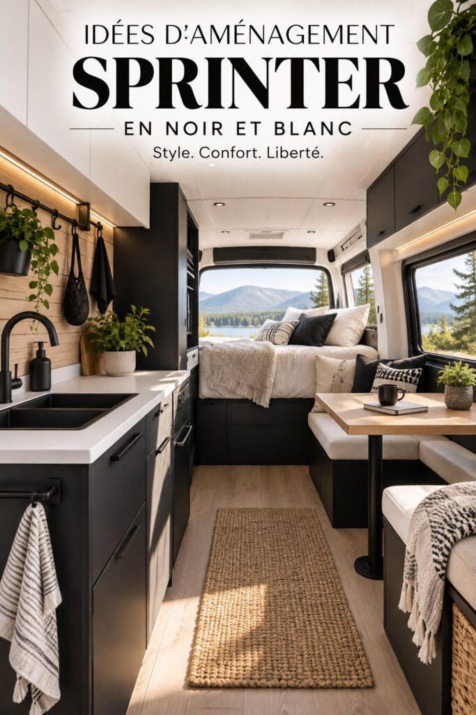 Intérieur moderne d'un van sprinter en noir et blanc avec un agencement élégant.