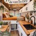 Image d'un van aménagé avec un espace chaleureux et pratique pour voyager