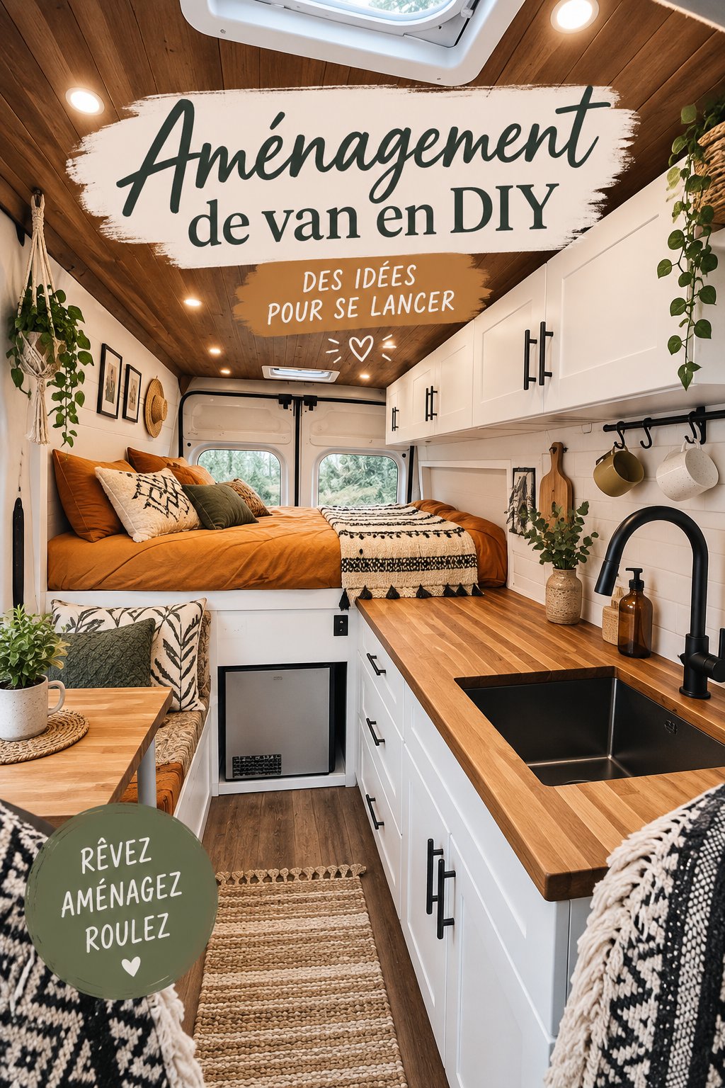Image d'un van aménagé avec un espace chaleureux et pratique pour voyager