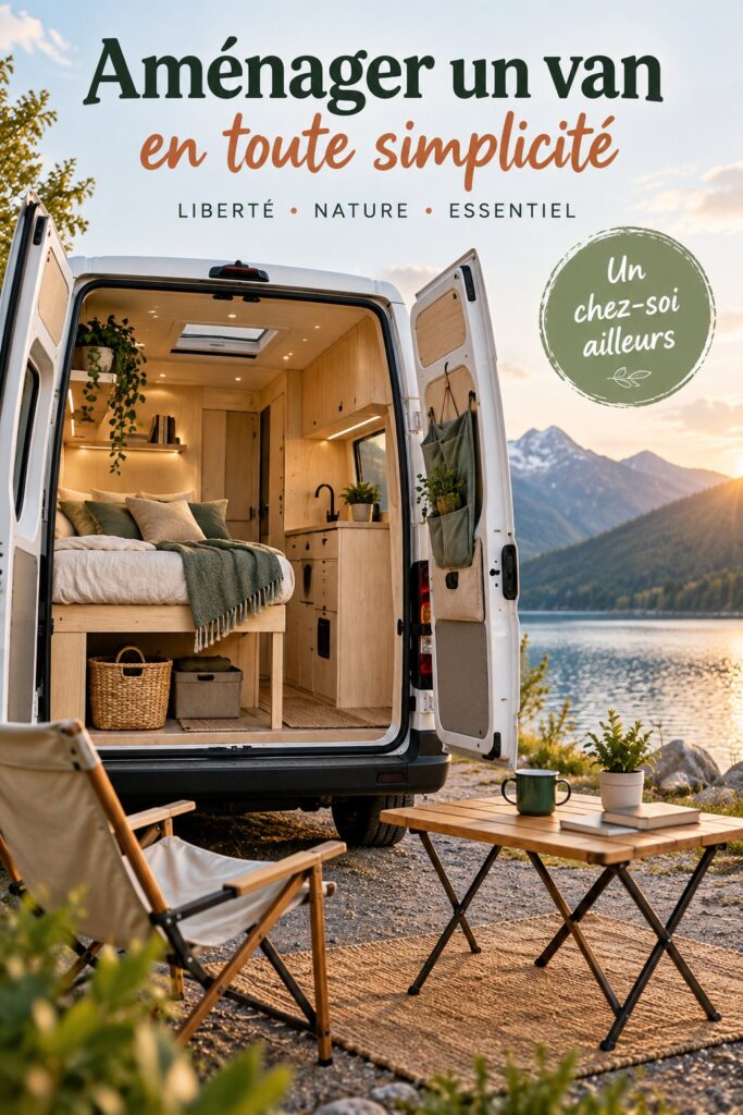 Un van aménagé avec un design simple et chaleureux, idéal pour la vie nomade.