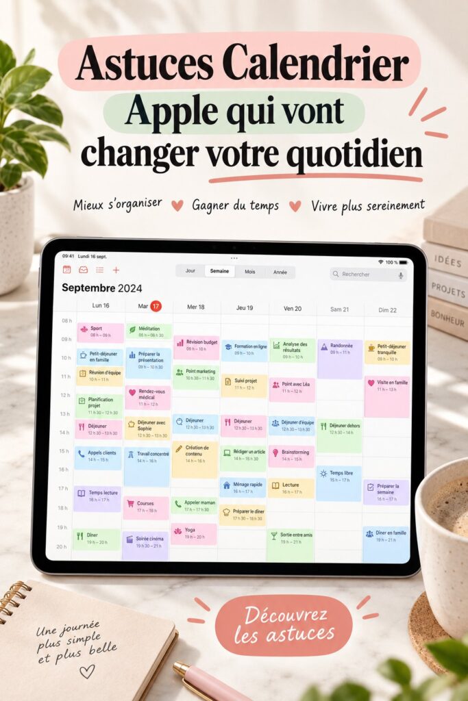 Capture d'écran d'Apple Calendar avec des événements planifiés mettant en avant l'organisation quotidienne.