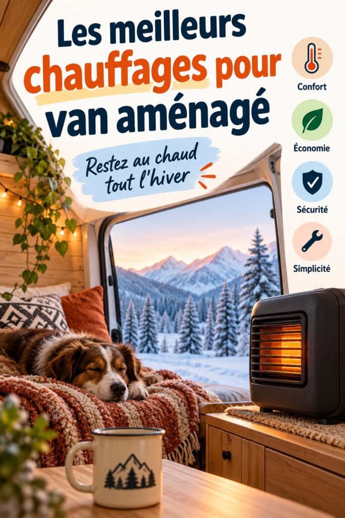 Un van avec un chauffage installé, prêt pour l'hiver.