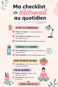 Femme souriante en télétravail avec checklist sur un ordinateur