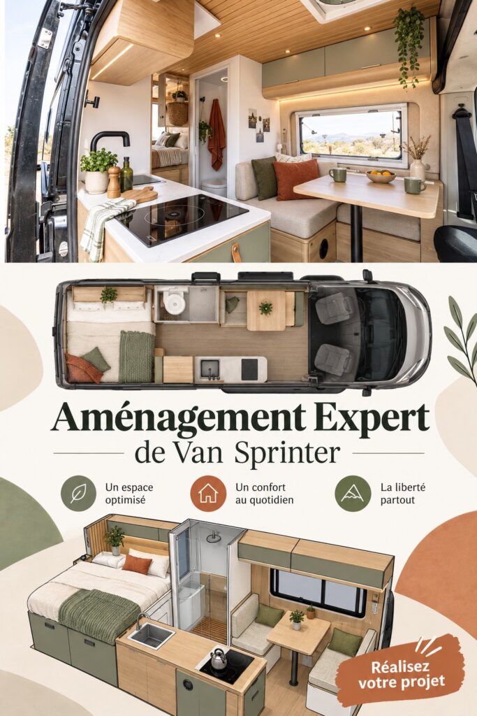 Un van aménagé avec un intérieur accueillant, adapté à des voyages confortables.