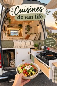 Cuisine aménagée dans un van, pratique et chaleureuse.