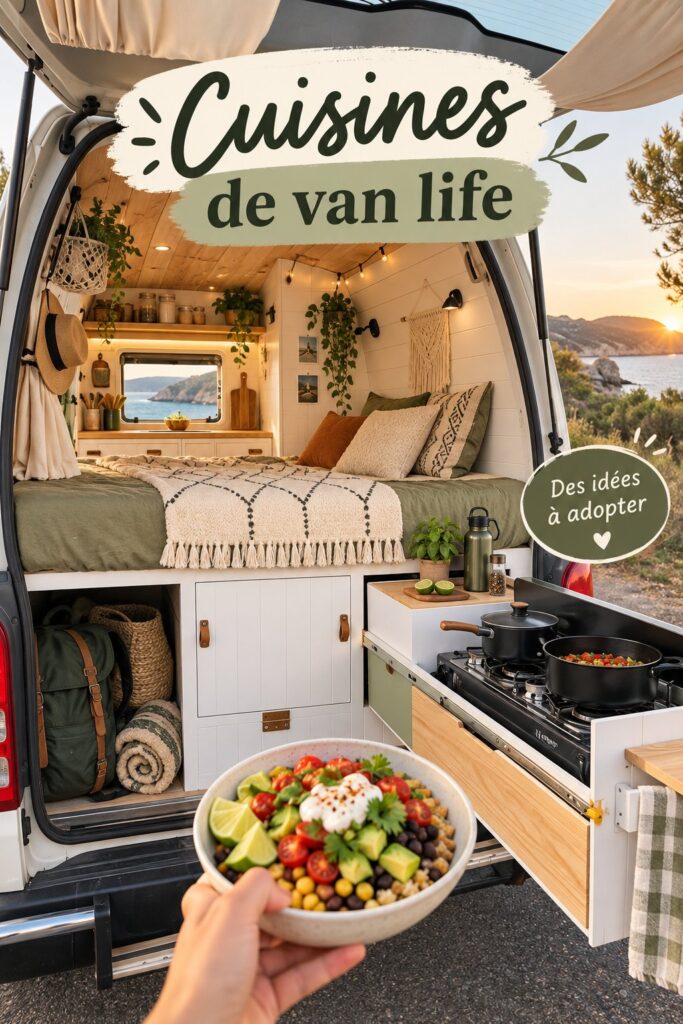 Cuisine aménagée dans un van, pratique et chaleureuse.