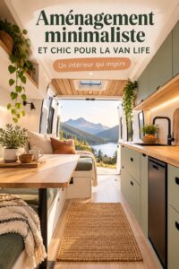 Intérieur d'un van décoré de manière chic et minimaliste, avec des couleurs claires et des meubles modulables.