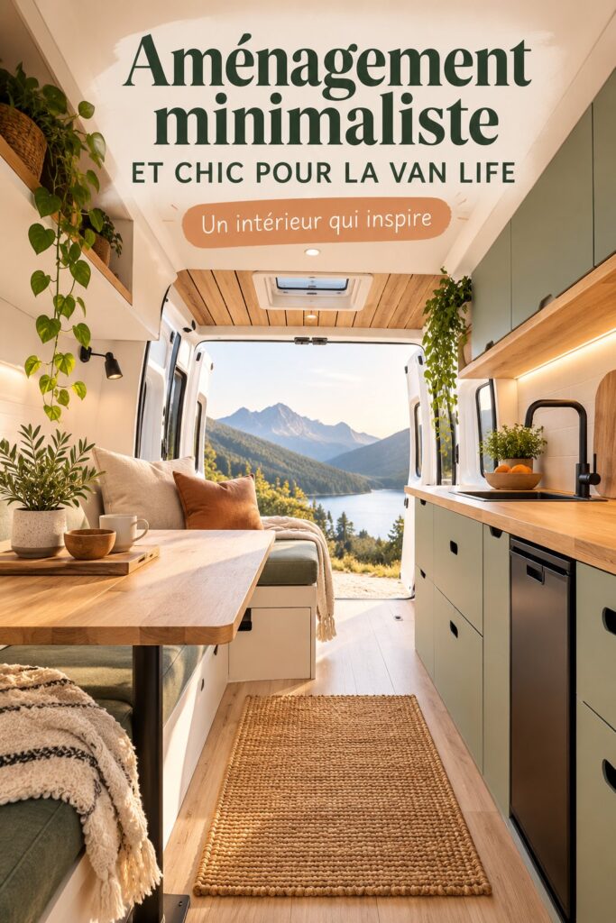 Intérieur d'un van décoré de manière chic et minimaliste, avec des couleurs claires et des meubles modulables.