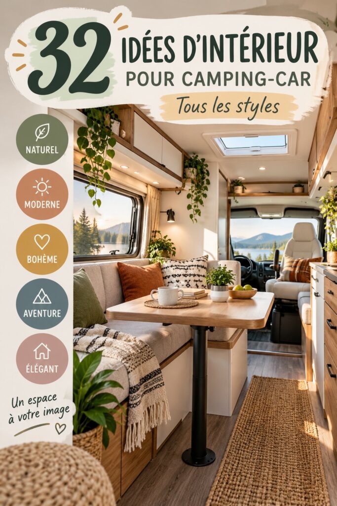 Intérieur d'un van aménagé avec goût, présentant un espace chaleureux et harmonieux.