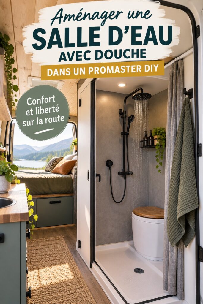 Douche aménagée dans un van à la décoration chaleureuse