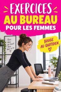 Femme effectuant des exercices d'étirement au bureau, projetant une ambiance dynamique et saine.