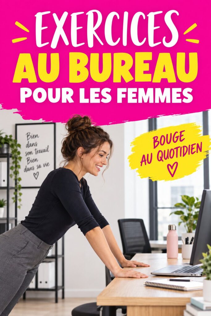Femme effectuant des exercices d'étirement au bureau, projetant une ambiance dynamique et saine.