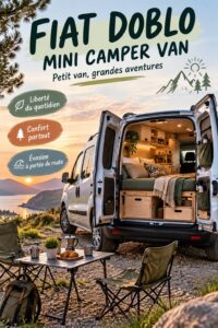 Fiat Doblo aménagé en mini camper van au bord de la rivière