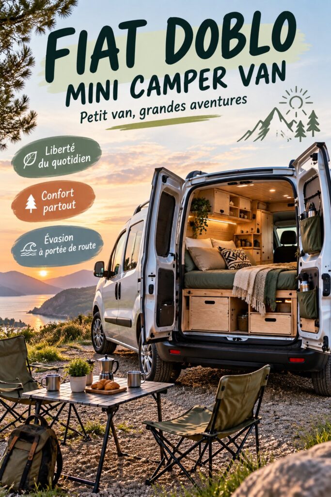 Fiat Doblo aménagé en mini camper van au bord de la rivière