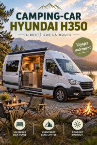 Un Hyundai H350 aménagé en van sur une route pittoresque.