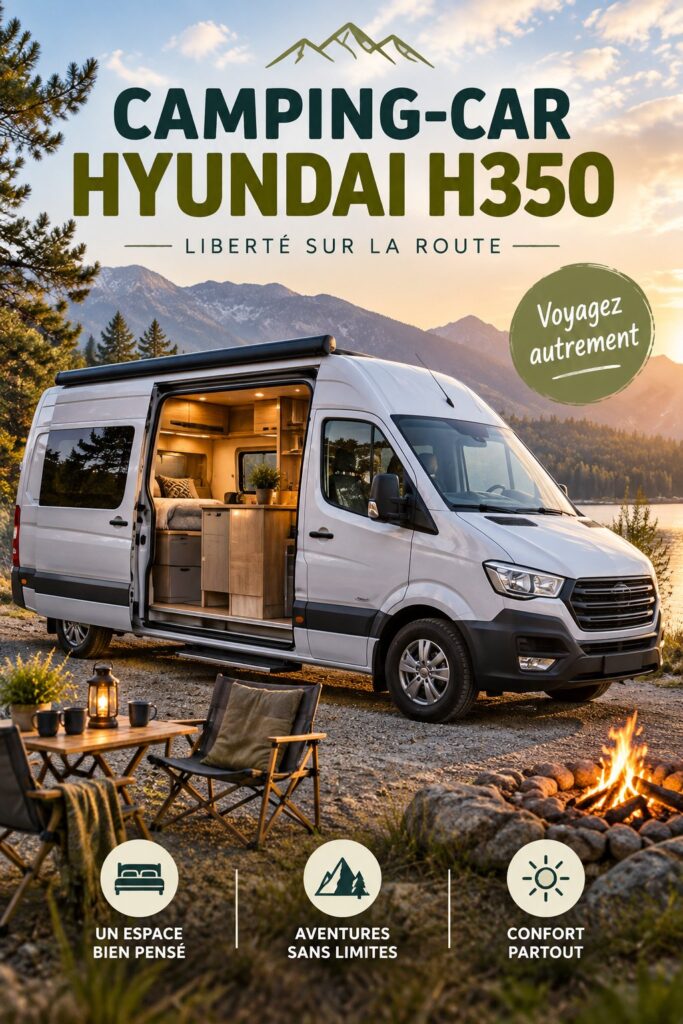 Un Hyundai H350 aménagé en van sur une route pittoresque.