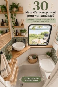 Un van aménagé avec une belle cuisine et un coin chambre confortable, idéal pour les aventures en route.