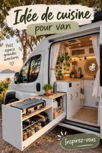 Aménagement d'une cuisine pratique dans un van sur un chemin de campagne