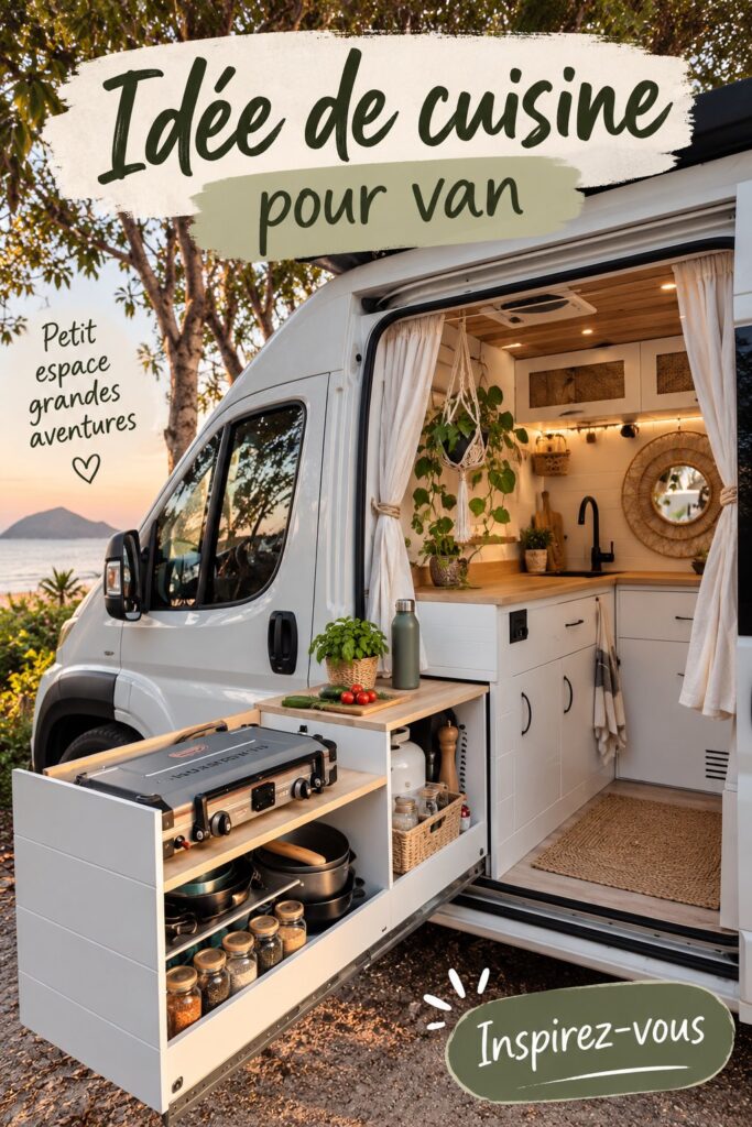 Aménagement d'une cuisine pratique dans un van sur un chemin de campagne