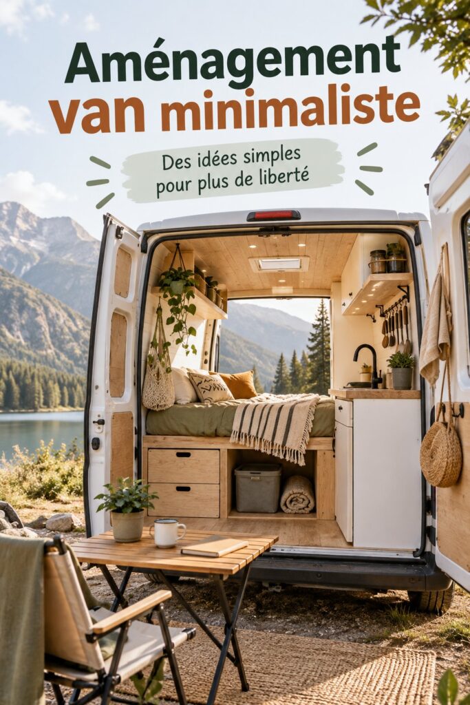Aménagement minimaliste d'un van avec des meubles pratiques et un intérieur chaleureux.
