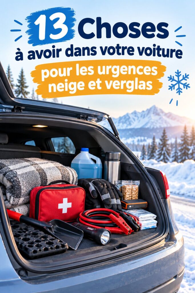Une voiture avec un équipement d'hiver prêt, incluant des chaînes et un kit de sécurité