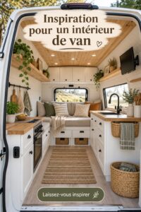Aménagement intérieur chaleureux et pratique d'un van avec des conseils décoratifs.
