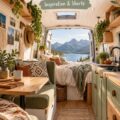 Intérieur d'un van aménagé dans un style boho chaleureux et caractéristique
