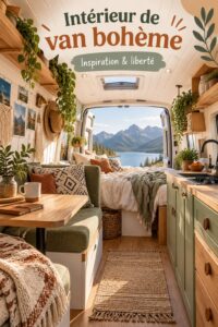 Intérieur d'un van aménagé dans un style boho chaleureux et caractéristique