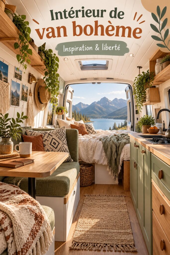Intérieur d'un van aménagé dans un style boho chaleureux et caractéristique