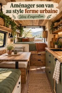 Intérieur d'un van décoré dans un style ferme urbain chaleureux et accueillant.