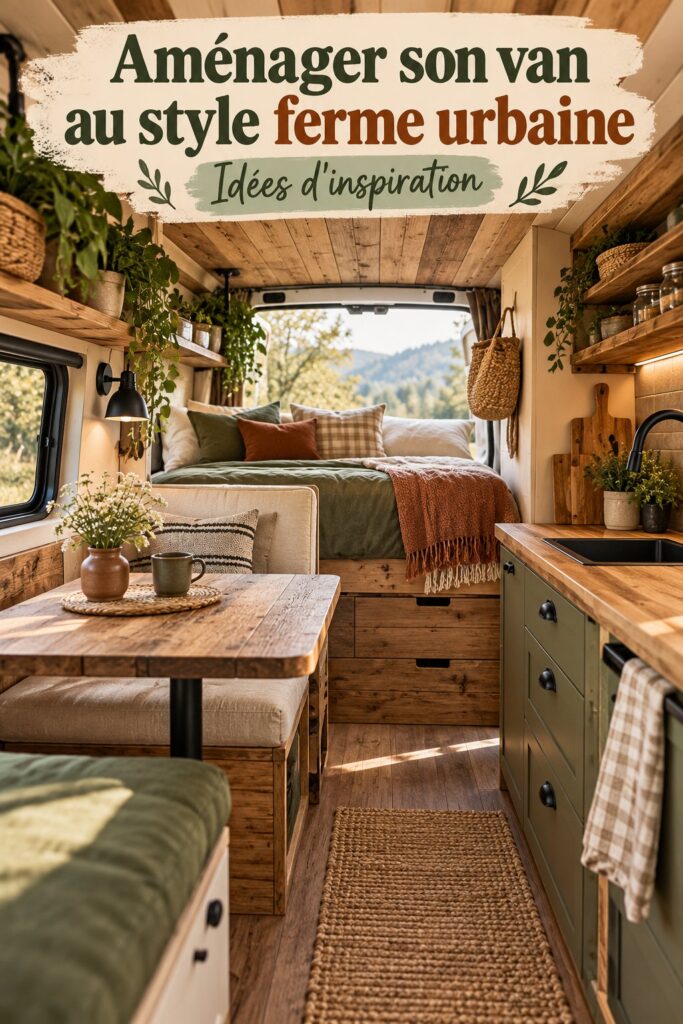 Intérieur d'un van décoré dans un style ferme urbain chaleureux et accueillant.
