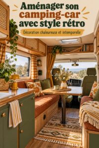 Intérieur d'un van vintage décoré avec des couleurs chaleureuses et des meubles en bois.