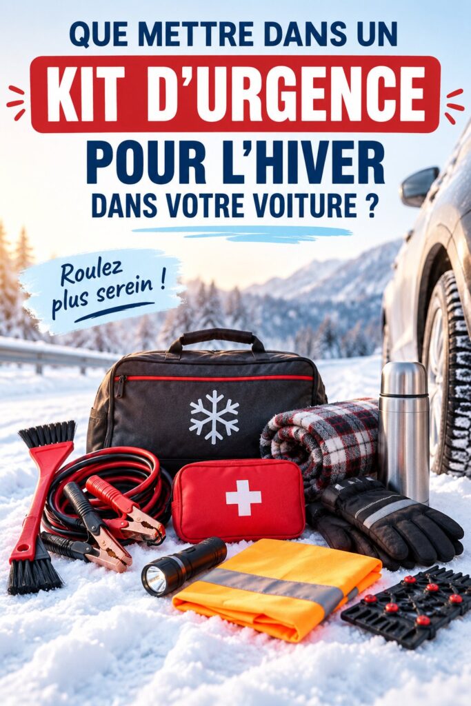 Un kit d'urgence bien préparé pour l'hiver avec des éléments essentiels à proximité du volant.