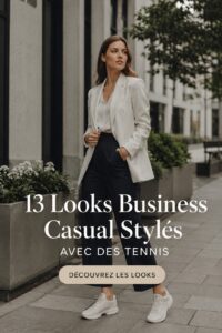 Femme en look business casual avec des tennis élégants au bureau