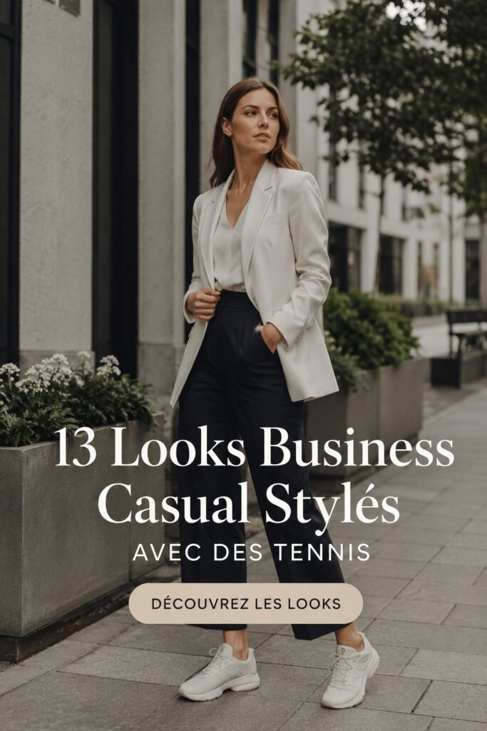 Femme en look business casual avec des tennis élégants au bureau