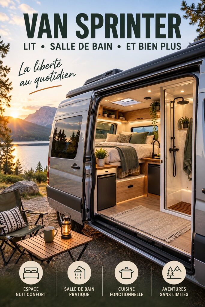 Mercedes Sprinter garé dans un paysage verdoyant, idéal pour des escapades en famille