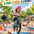 Une mère avec ses enfants à vélo sur le chemin de l'école, représentant la mobilité durable.