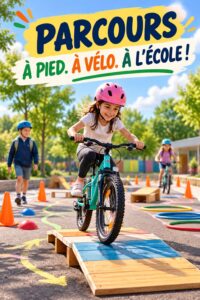 Une mère avec ses enfants à vélo sur le chemin de l'école, représentant la mobilité durable.