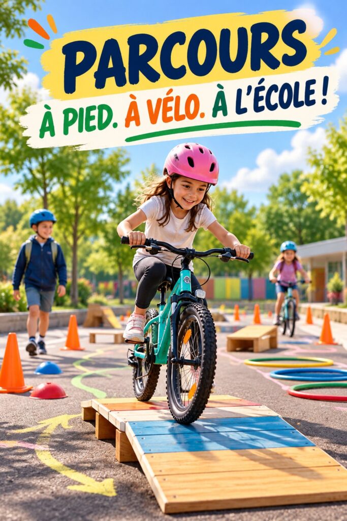 Une mère avec ses enfants à vélo sur le chemin de l'école, représentant la mobilité durable.