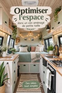 Un camping-car aménagé avec des solutions de rangement astucieuses et un espace cosy.