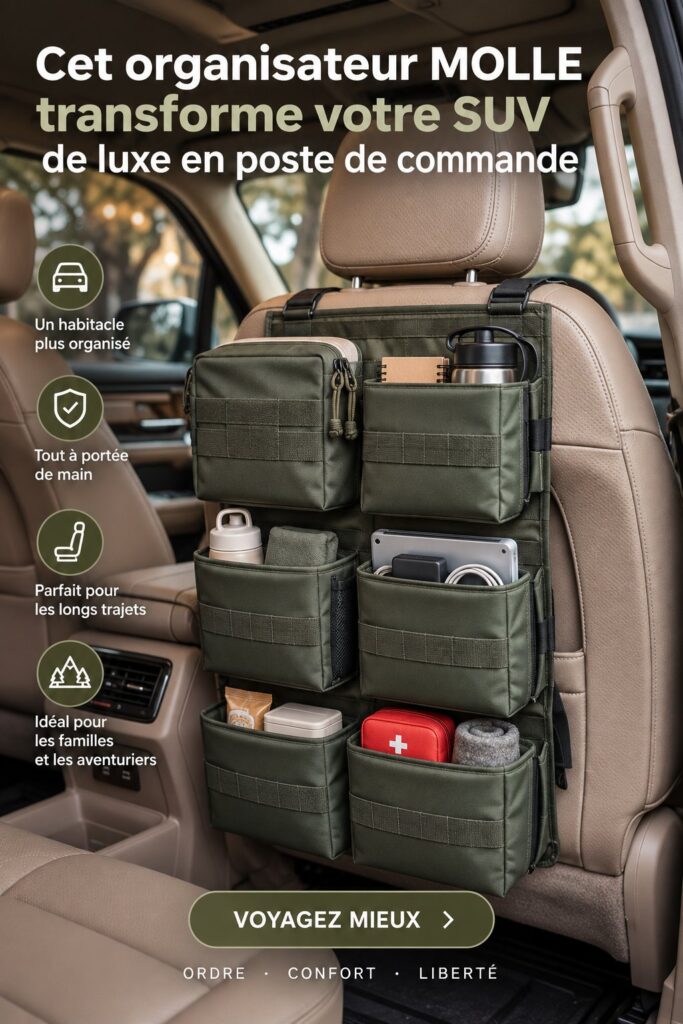 Organisateur MOLLE installé dans un SUV, optimisant l'espace de rangement