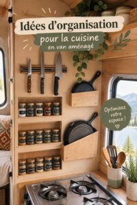 Cuisine bien organisée dans un campervan, avec des rangements pratiques et fonctionnels.