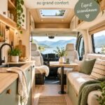 Un van rénové dans un style scandinave avec des matériaux naturels et une ambiance chaleureuse.