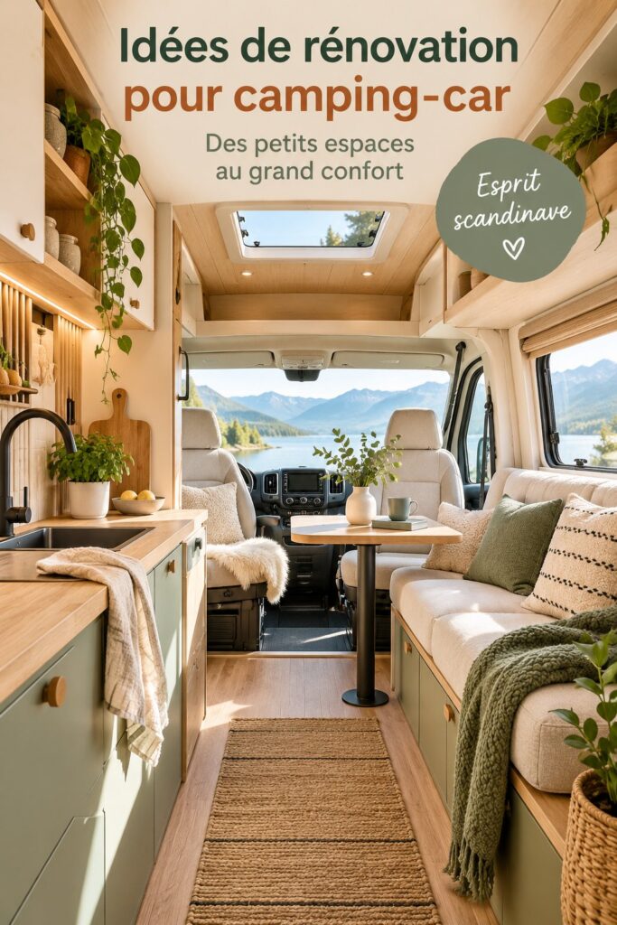 Un van rénové dans un style scandinave avec des matériaux naturels et une ambiance chaleureuse.